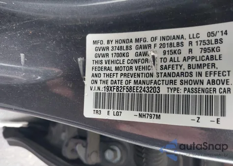 2014 Honda Civic Lx из США, поврежденный, VIN 19XFB2F58EE243203